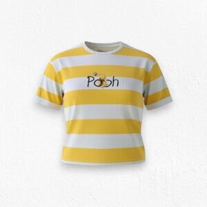 Disney Winnie the Pooh Yellow Stripe Embroidered Crewneck Crop Shirt Size Medium